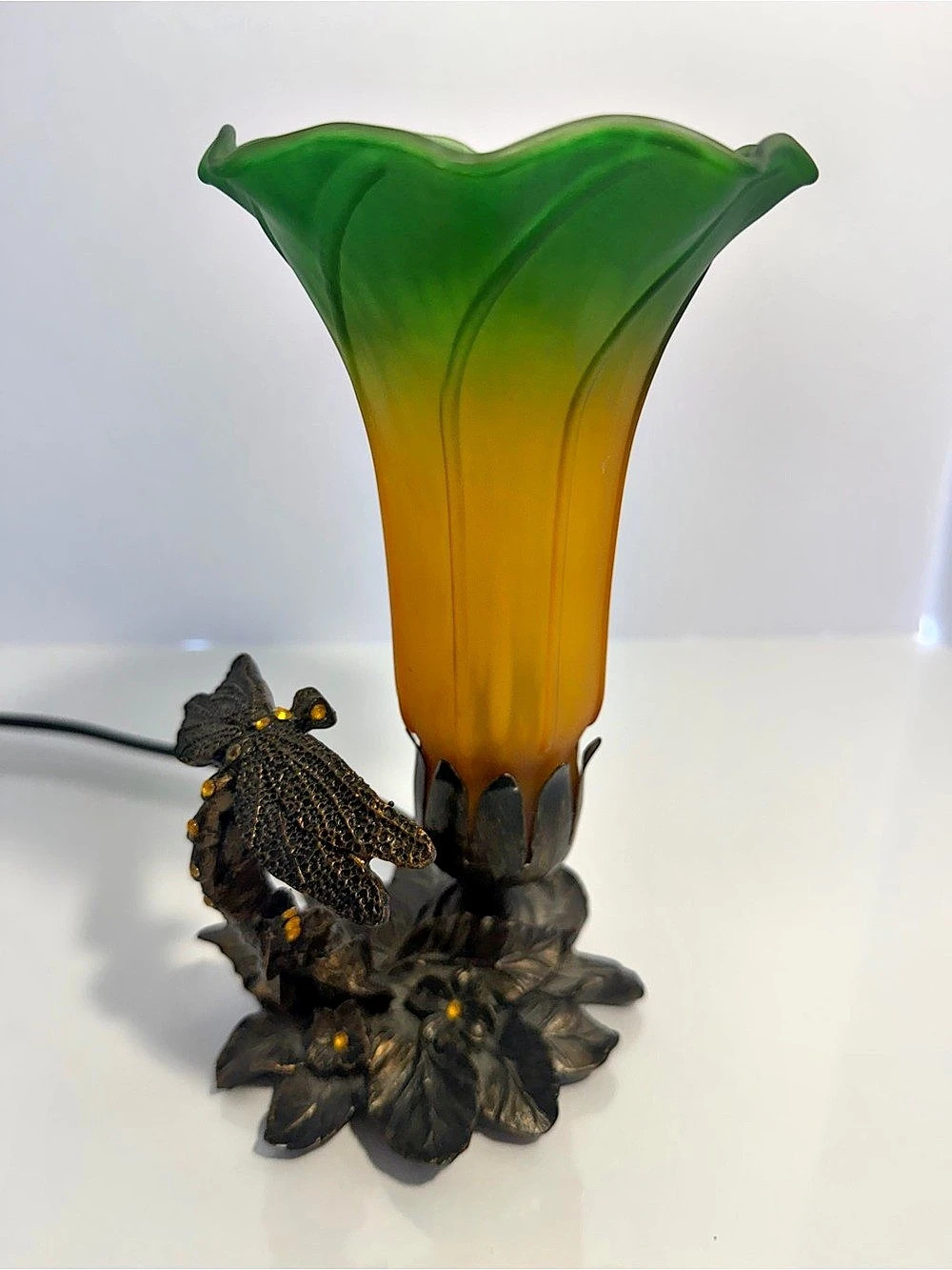 River of Goods 8" Hand Blown Glass Dragonfly Lily Accent Lamp Green Amber Works